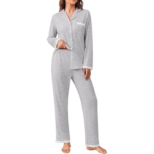 image:imageEkouaer Womens Pajamas Set Long Sleeve Sleepwear Button Down Lounge Set 2 Pieces Soft Nightwear Lace Pjs SetGrey