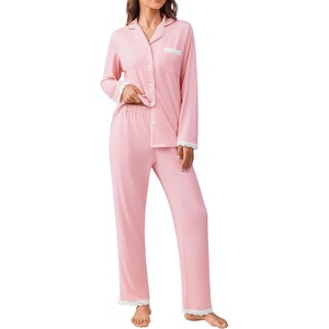 image:imageEkouaer Womens Pajamas Set Long Sleeve Sleepwear Button Down Lounge Set 2 Pieces Soft Nightwear Lace Pjs SetPink