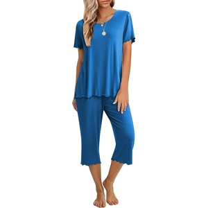 image:imageEkouaer Womens Pajamas Set Short Sleeve Top With Capri Pants Pjs 2 PIece Lounge amp Sleepwear Set SXXLBlue