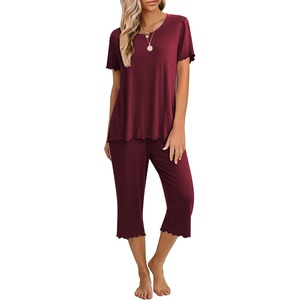image:imageEkouaer Womens Pajamas Set Short Sleeve Top With Capri Pants Pjs 2 PIece Lounge amp Sleepwear Set SXXLDeep Red