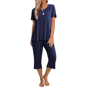 image:imageEkouaer Womens Pajamas Set Short Sleeve Top With Capri Pants Pjs 2 PIece Lounge amp Sleepwear Set SXXLNavy Blue