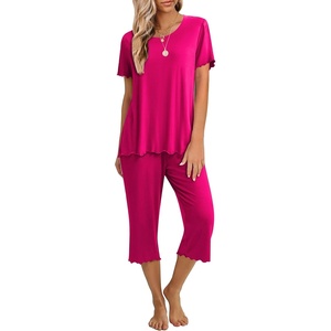 image:imageEkouaer Womens Pajamas Set Short Sleeve Top With Capri Pants Pjs 2 PIece Lounge amp Sleepwear Set SXXLRose Red