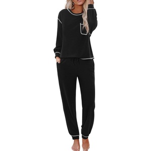 image:imageEkouaer Womens Pajamas Set Waffle Knit Long Sleeve Lounge Set 2 Piece Pj Loungewear Sleepwear SXXLBlack