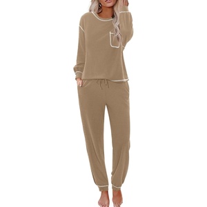 image:imageEkouaer Womens Pajamas Set Waffle Knit Long Sleeve Lounge Set 2 Piece Pj Loungewear Sleepwear SXXLKhaki
