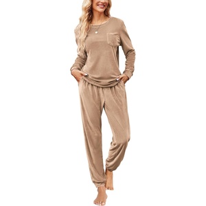 image:imageEkouaer Womens Pajamas Sets Long Sleeve Soft Sleepwear 2 Piece Velvet Pjs Lounge Sets with PocketsKhaki