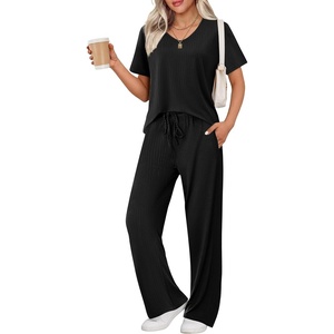 image:imageEkouaer Womens Ribbed Knit Lounge Set Short Sleeve Top and Long Pants Sleepwear Pajama Set Two Piece Matching Outfits SetBlack