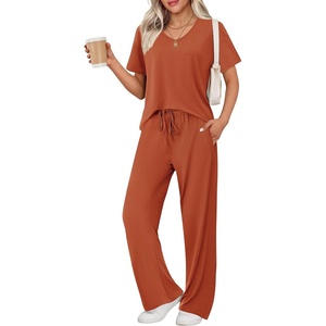 image:imageEkouaer Womens Ribbed Knit Lounge Set Short Sleeve Top and Long Pants Sleepwear Pajama Set Two Piece Matching Outfits SetCaramel