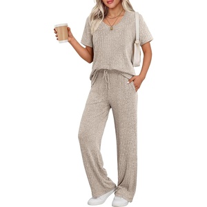 image:imageEkouaer Womens Ribbed Knit Lounge Set Short Sleeve Top and Long Pants Sleepwear Pajama Set Two Piece Matching Outfits SetChampagne