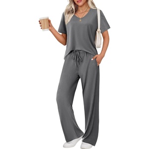 image:imageEkouaer Womens Ribbed Knit Lounge Set Short Sleeve Top and Long Pants Sleepwear Pajama Set Two Piece Matching Outfits SetDark Gray