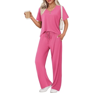 image:imageEkouaer Womens Ribbed Knit Lounge Set Short Sleeve Top and Long Pants Sleepwear Pajama Set Two Piece Matching Outfits SetHot Pink