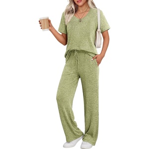 image:imageEkouaer Womens Ribbed Knit Lounge Set Short Sleeve Top and Long Pants Sleepwear Pajama Set Two Piece Matching Outfits SetMoss Green