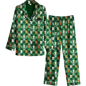 image:imageEkouaer Womens Satin Pajama Set Classic Pattern Silky Pj Sets Button Down Sleepwear LoungewearGreen Christmas Teddy 02