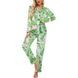 image:imageEkouaer Womens Satin Pajama Set Classic Pattern Silky Pj Sets Button Down Sleepwear LoungewearPink Palm Leaves 03
