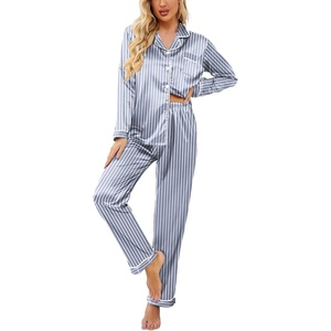 image:imageEkouaer Womens Satin Pajama Set Classic Pattern Silky Pj Sets Button Down Sleepwear LoungewearStriped Grey Blue 03