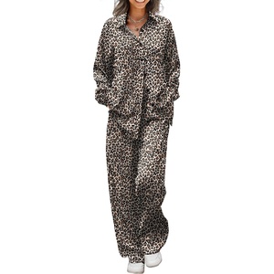 image:imageEkouaer Womens Satin Silky Pajama Set 2 Piece Print PJs Soft Loungewear Button Down Sleepwear with Elastic Waist Long PantsApricot Leopard Print