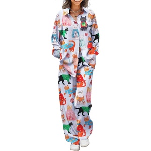 image:imageEkouaer Womens Satin Silky Pajama Set 2 Piece Print PJs Soft Loungewear Button Down Sleepwear with Elastic Waist Long PantsBblue Cat