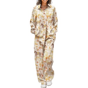 image:imageEkouaer Womens Satin Silky Pajama Set 2 Piece Print PJs Soft Loungewear Button Down Sleepwear with Elastic Waist Long PantsBchampagne Horse