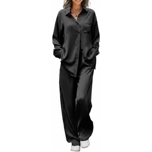 image:imageEkouaer Womens Satin Silky Pajama Set 2 Piece Print PJs Soft Loungewear Button Down Sleepwear with Elastic Waist Long PantsBlack