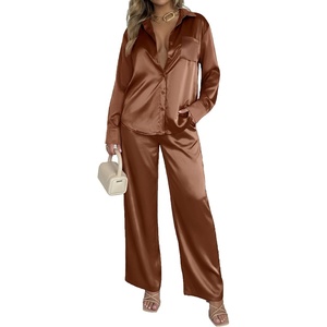 image:imageEkouaer Womens Satin Silky Pajama Set 2 Piece Print PJs Soft Loungewear Button Down Sleepwear with Elastic Waist Long PantsCclay