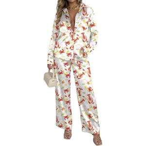 image:imageEkouaer Womens Satin Silky Pajama Set 2 Piece Print PJs Soft Loungewear Button Down Sleepwear with Elastic Waist Long PantsCcrayfish