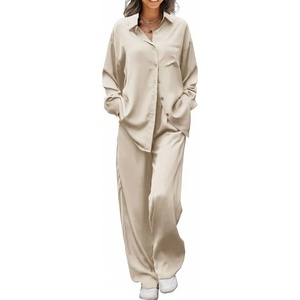 image:imageEkouaer Womens Satin Silky Pajama Set 2 Piece Print PJs Soft Loungewear Button Down Sleepwear with Elastic Waist Long PantsChampagne