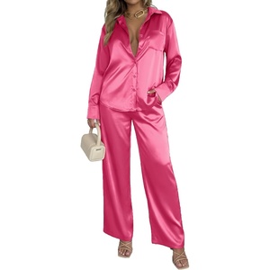image:imageEkouaer Womens Satin Silky Pajama Set 2 Piece Print PJs Soft Loungewear Button Down Sleepwear with Elastic Waist Long PantsChot Pink