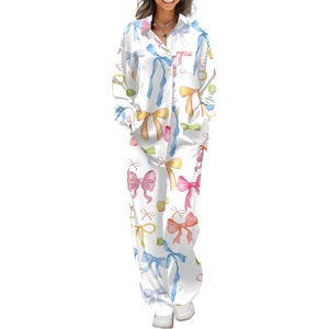 image:imageEkouaer Womens Satin Silky Pajama Set 2 Piece Print PJs Soft Loungewear Button Down Sleepwear with Elastic Waist Long PantsColorful Bow