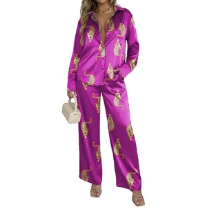 image:imageEkouaer Womens Satin Silky Pajama Set 2 Piece Print PJs Soft Loungewear Button Down Sleepwear with Elastic Waist Long PantsCpurple Leopard
