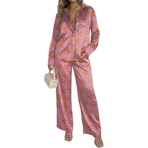 image:imageEkouaer Womens Satin Silky Pajama Set 2 Piece Print PJs Soft Loungewear Button Down Sleepwear with Elastic Waist Long PantsCpurple Octopus