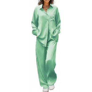 image:imageEkouaer Womens Satin Silky Pajama Set 2 Piece Print PJs Soft Loungewear Button Down Sleepwear with Elastic Waist Long PantsIce Green
