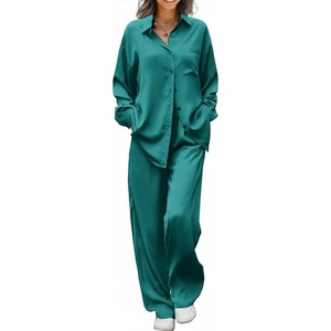 image:imageEkouaer Womens Satin Silky Pajama Set 2 Piece Print PJs Soft Loungewear Button Down Sleepwear with Elastic Waist Long PantsLake Green
