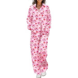 image:imageEkouaer Womens Satin Silky Pajama Set 2 Piece Print PJs Soft Loungewear Button Down Sleepwear with Elastic Waist Long PantsLove Cake Print