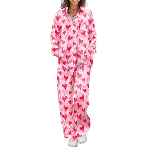 image:imageEkouaer Womens Satin Silky Pajama Set 2 Piece Print PJs Soft Loungewear Button Down Sleepwear with Elastic Waist Long PantsLove Print