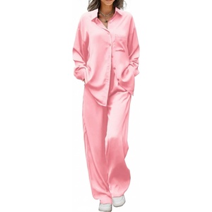 image:imageEkouaer Womens Satin Silky Pajama Set 2 Piece Print PJs Soft Loungewear Button Down Sleepwear with Elastic Waist Long PantsPink