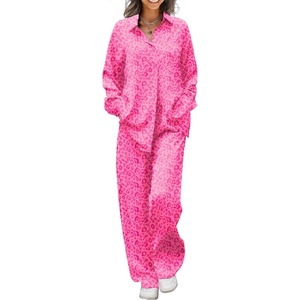 image:imageEkouaer Womens Satin Silky Pajama Set 2 Piece Print PJs Soft Loungewear Button Down Sleepwear with Elastic Waist Long PantsPink Leopard Print