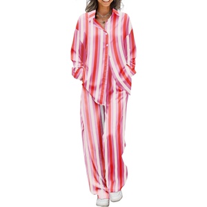 image:imageEkouaer Womens Satin Silky Pajama Set 2 Piece Print PJs Soft Loungewear Button Down Sleepwear with Elastic Waist Long PantsPink Yellow Stripes