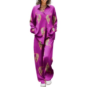 image:imageEkouaer Womens Satin Silky Pajama Set 2 Piece Print PJs Soft Loungewear Button Down Sleepwear with Elastic Waist Long PantsPurple Large Leopard