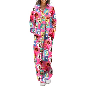 image:imageEkouaer Womens Satin Silky Pajama Set 2 Piece Print PJs Soft Loungewear Button Down Sleepwear with Elastic Waist Long PantsRed Cartoon Book Print