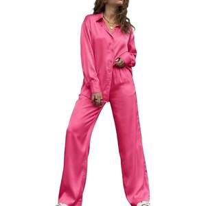 image:imageEkouaer Womens Satin Silky Pajama Set 2 Piece Print PJs Soft Loungewear Button Down Sleepwear with Elastic Waist Long PantsRose Red