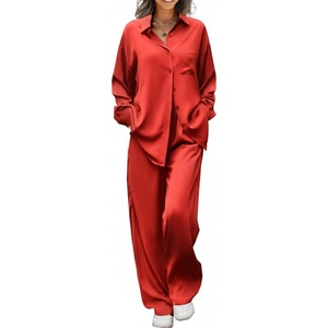 image:imageEkouaer Womens Satin Silky Pajama Set 2 Piece Print PJs Soft Loungewear Button Down Sleepwear with Elastic Waist Long PantsTrue Red