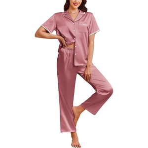 image:imageEkouaer Womens Silk Satin Pajama Sets 2 Piece Button Up Bride Pjs Soft Short Sleeve Sleepwear Long Pants Loungewear SXXLDusty Rose