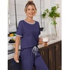 image:imageEkouaer 100 Cotton Pajama for Women Short Sleeve Pj Top With Long Pants 2 Piece Lounge Set with PocketDark Blue