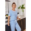 image:imageEkouaer 100 Cotton Pajama for Women Short Sleeve Pj Top With Long Pants 2 Piece Lounge Set with PocketLight Blue