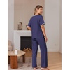 image:imageEkouaer 100 Cotton Pajama for Women Short Sleeve Pj Top With Long Pants 2 Piece Lounge Set with PocketNavy Blue