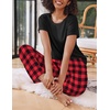 image:imageEkouaer 2 Pack Pajamas for Women Set Short Sleeve Sleepwear Top and Pants Pjs Soft Printed Lounge Sets with PocketsBlack Red PlaidLight Grey Plaid