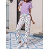 image:imageEkouaer 2 Pack Pajamas for Women Set Short Sleeve Sleepwear Top and Pants Pjs Soft Printed Lounge Sets with PocketsPurple FlowerBlue Flower