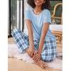 image:imageEkouaer 2 Pack Pajamas for Women Set Short Sleeve Sleepwear Top and Pants Pjs Soft Printed Lounge Sets with PocketsPurple FlowerLight Blue Plaid