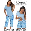 image:imageEkouaer 3 PCS Capri Pajamas for Women Set Short Sleeve Pajama Sets Floral Pj Sets Soft Sleepwear with PocketsBlue Flowers