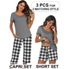 image:imageEkouaer 3 PCS Capri Pajamas for Women Set Short Sleeve Pajama Sets Floral Pj Sets Soft Sleepwear with PocketsDark Grey Plaid