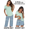 image:imageEkouaer 3 PCS Capri Pajamas for Women Set Short Sleeve Pajama Sets Floral Pj Sets Soft Sleepwear with PocketsLight Green Plaid